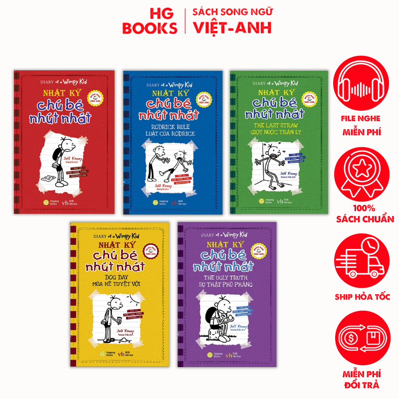 Ảnh Combo tập 1-5 Nhật Ký Chú Bé Nhút Nhát song ngữ - Diary Of a Wimpy Kid, tặng kèm file nghe HG Books 1