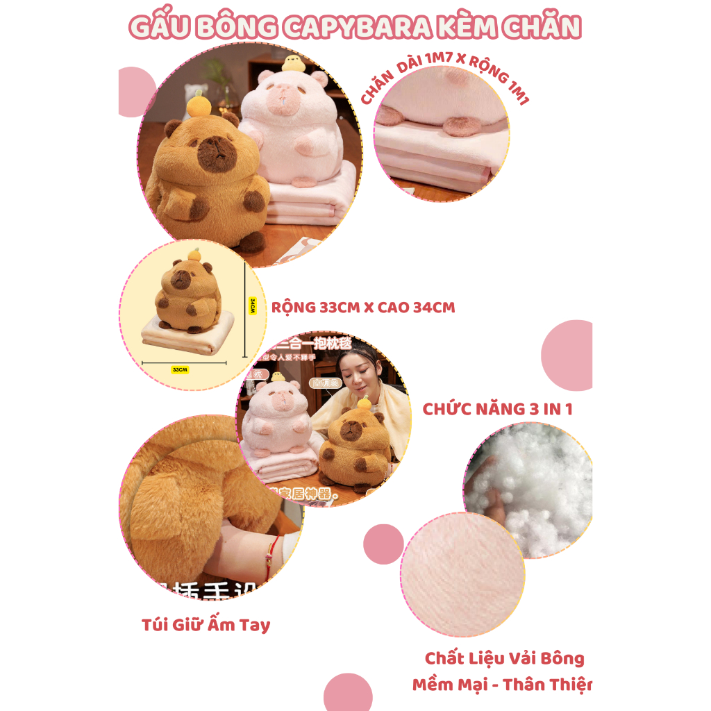 Capybara Có Chăn Mền Bộ Chăn Gối Capybara Cho Người Làm Văn Phòng Cho Bé Tiện Lợi 3 in 1