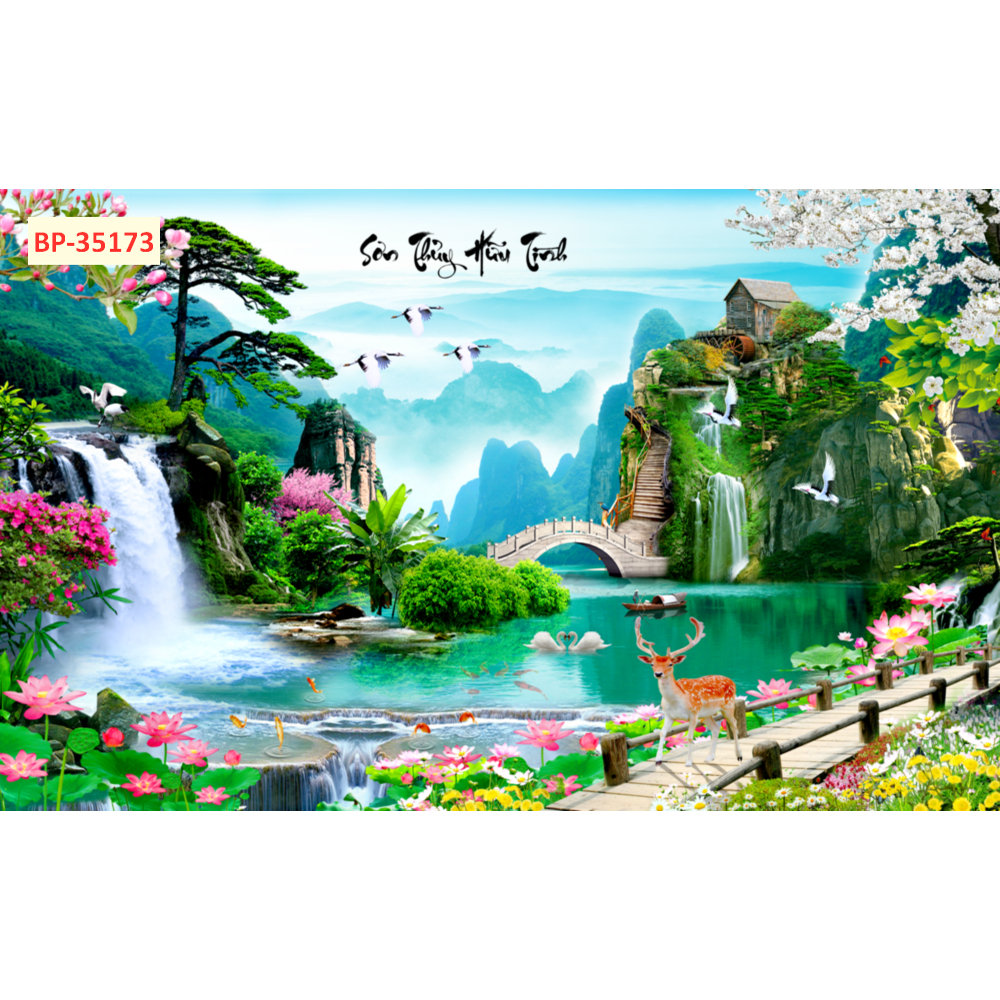 Tranh dán tường 3d tranh lụa mang chủ đề Sơn Thủy hữu tình.