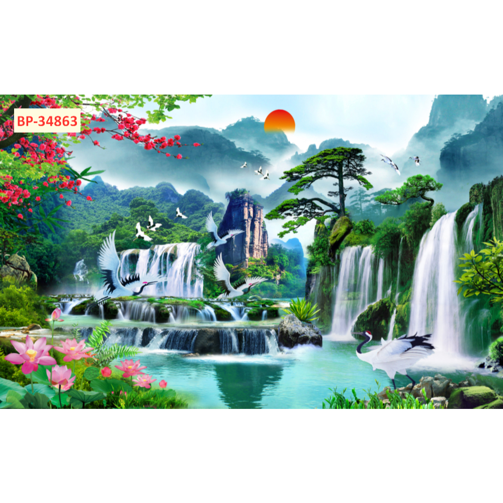 Tranh dán tường 3d tranh lụa mang chủ đề Sơn Thủy hữu tình.