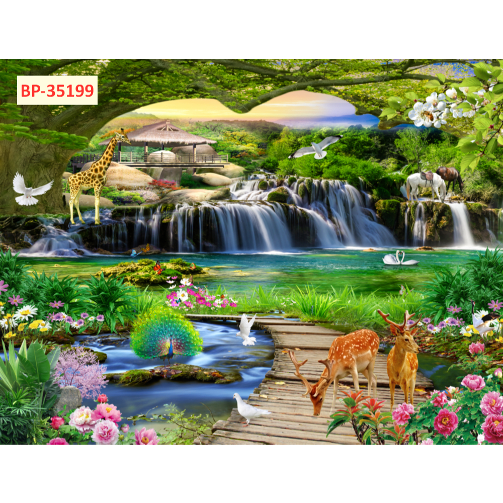 Tranh dán tường 3d tranh lụa mang chủ đề Sơn Thủy hữu tình.