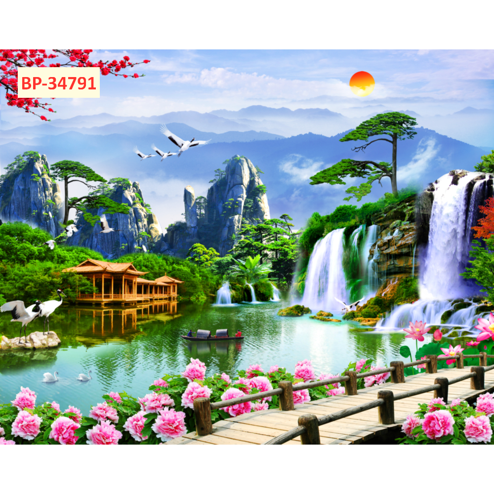Tranh dán tường 3d tranh lụa mang chủ đề Sơn Thủy hữu tình.