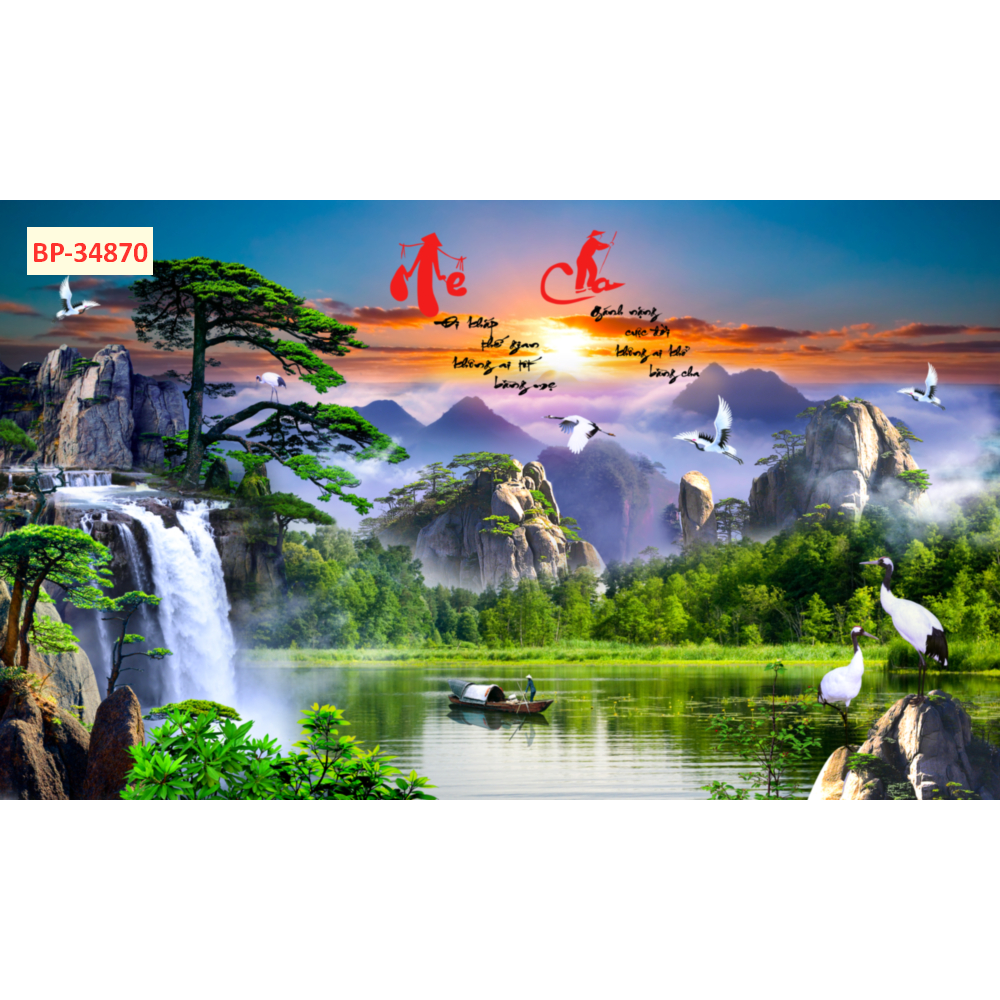 Tranh dán tường 3d tranh lụa mang chủ đề Sơn Thủy hữu tình.