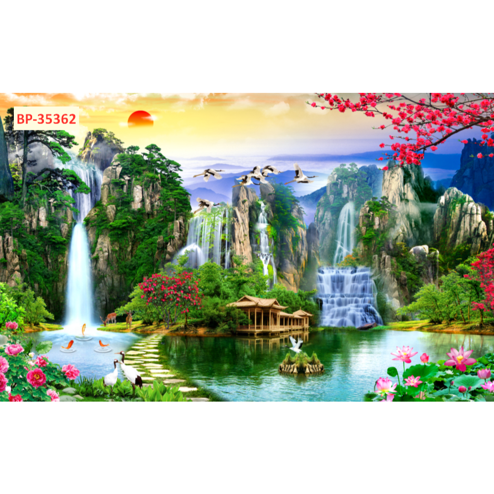 Tranh dán tường 3d tranh lụa mang chủ đề Sơn Thủy hữu tình.