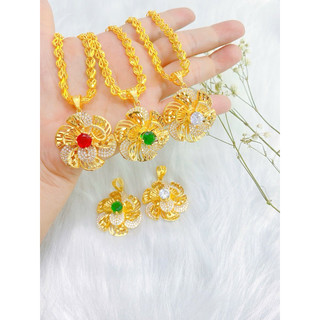 Set Dây Chuyền Nữ Kèm Bông Tai Trọn Bộ Dây Dẹt Hoa Thị To Kèm Mặt Hoa Mai Đính Đá Sang Trọng - trangsucnhatam