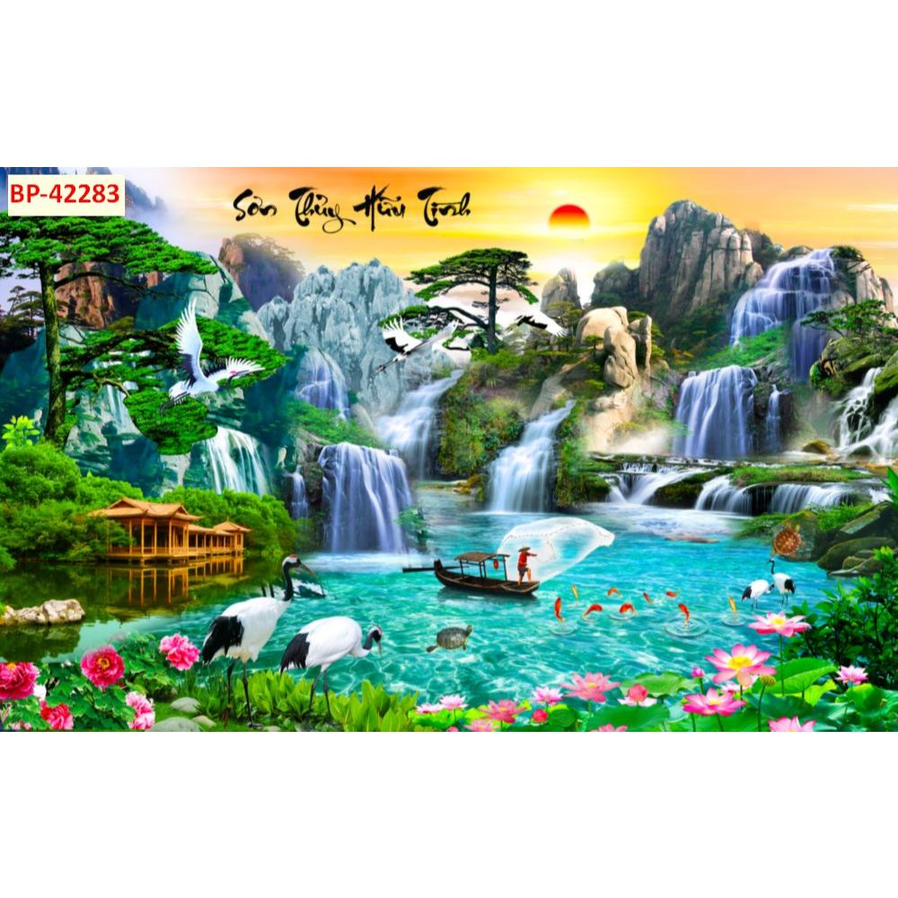 Tranh sơn thủy hữu tình tranh dán tường 3d tranh lụa