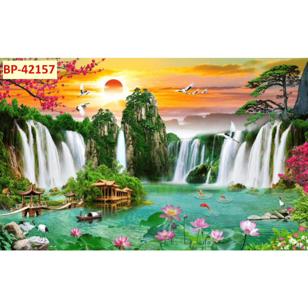 Tranh sơn thủy hữu tình tranh dán tường 3d tranh lụa