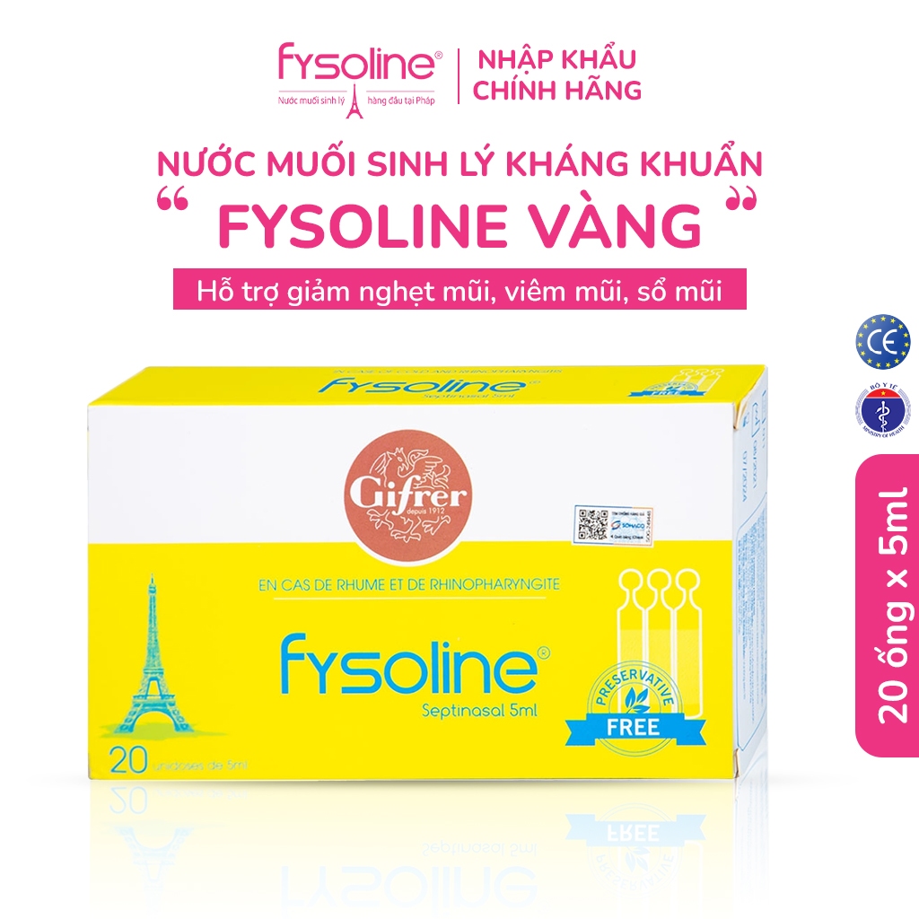 Ảnh Nước muối sinh lí FYSOLINE hỗ trợ kháng khuẩn, hỗ trợ viêm mũi, sổ mũi cho bé (Hộp vàng 20 ống x 5ml) 1