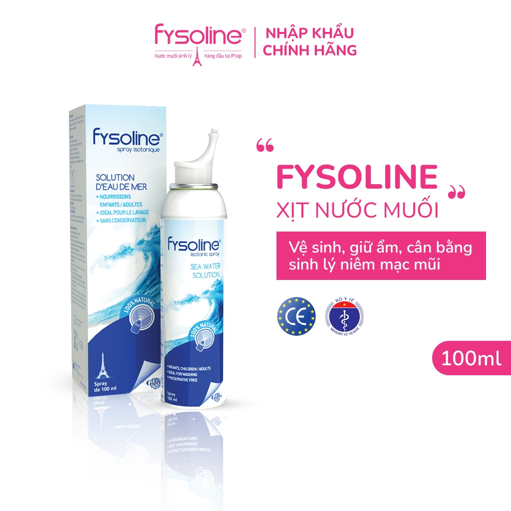 Xịt muối nước muối sinh lý Pháp Fysoline xanh 100ml, xịt vệ sinh và cân bằng sinh lý niêm mạc mũi