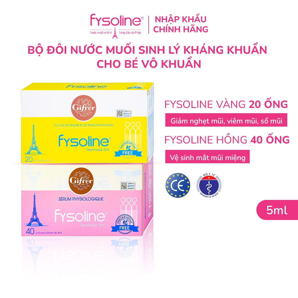 Combo Nước muối sinh lý Fysoline hồng 40 ống x 5ml và Vàng 20 ống x5ml