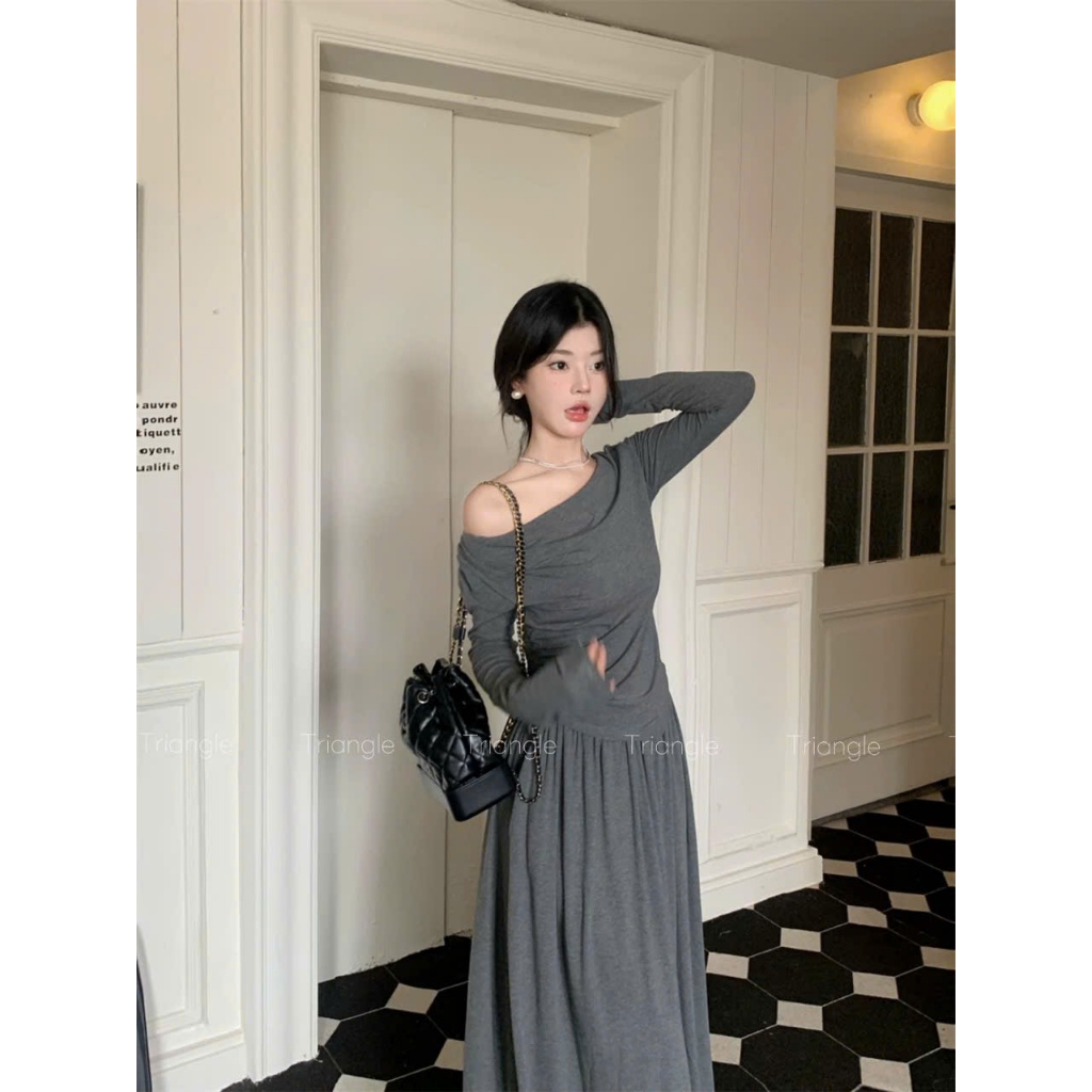 Triangle - Lazie Set Bộ thun thiết kế áo kiểu lệch vai + chân váy dài xòe chất thun dày dặn mềm mịn style Hàn Quốc