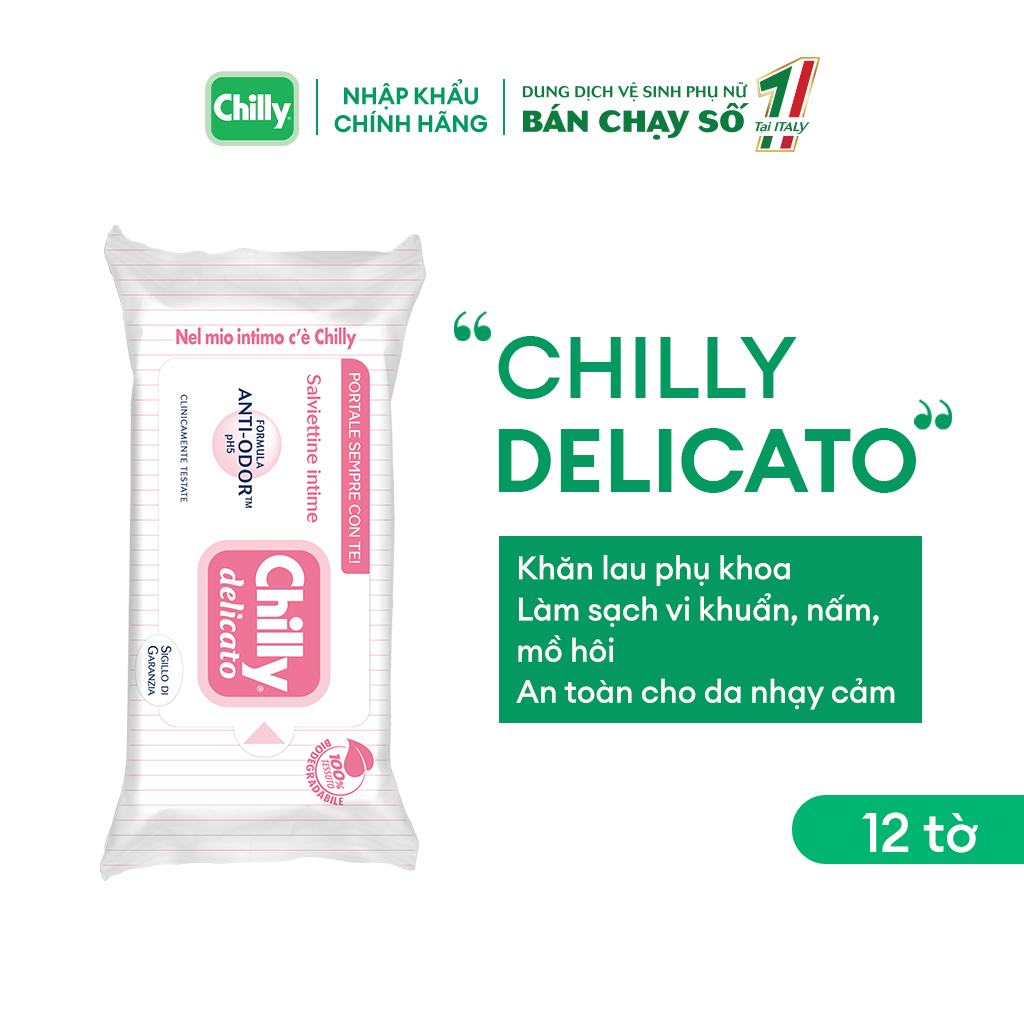 Ảnh Khăn lau phụ khoa Chilly Delicato Salviettine Intime Anti-Ddor chiết xuất lô hội dưỡng mềm mại, sạch dịu êm gói 12 tờ 1