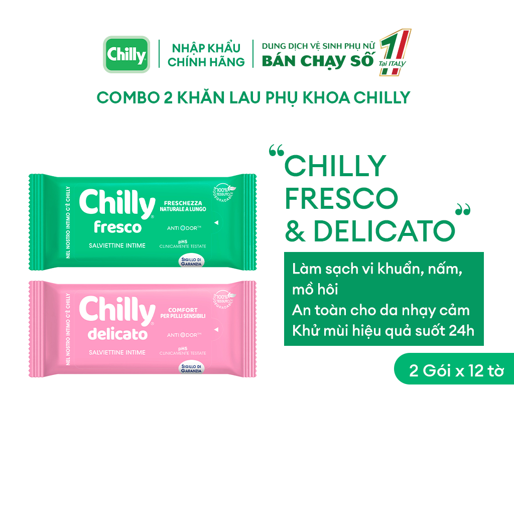 Ảnh Khăn lau phụ khoa Chilly Fresco và Delicato chiết xuất lô hội, bạc hà làm sạch khử mùi 12 tờ/gói MM 1