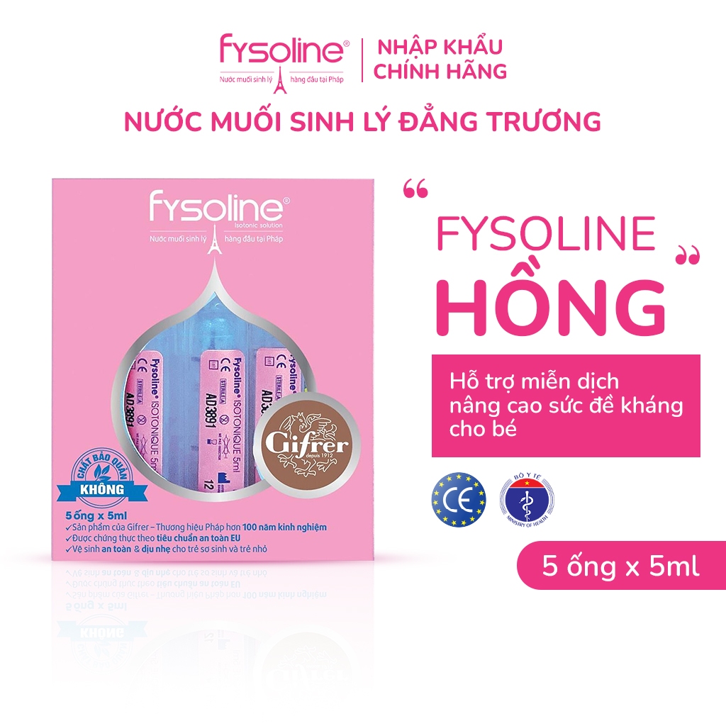 (Date T1.2027) Nước muối sinh lý Pháp Fysoline, Hộp 5 ống 5ml vệ sinh mắt, mũi, miệng cho bé sơ sinh
