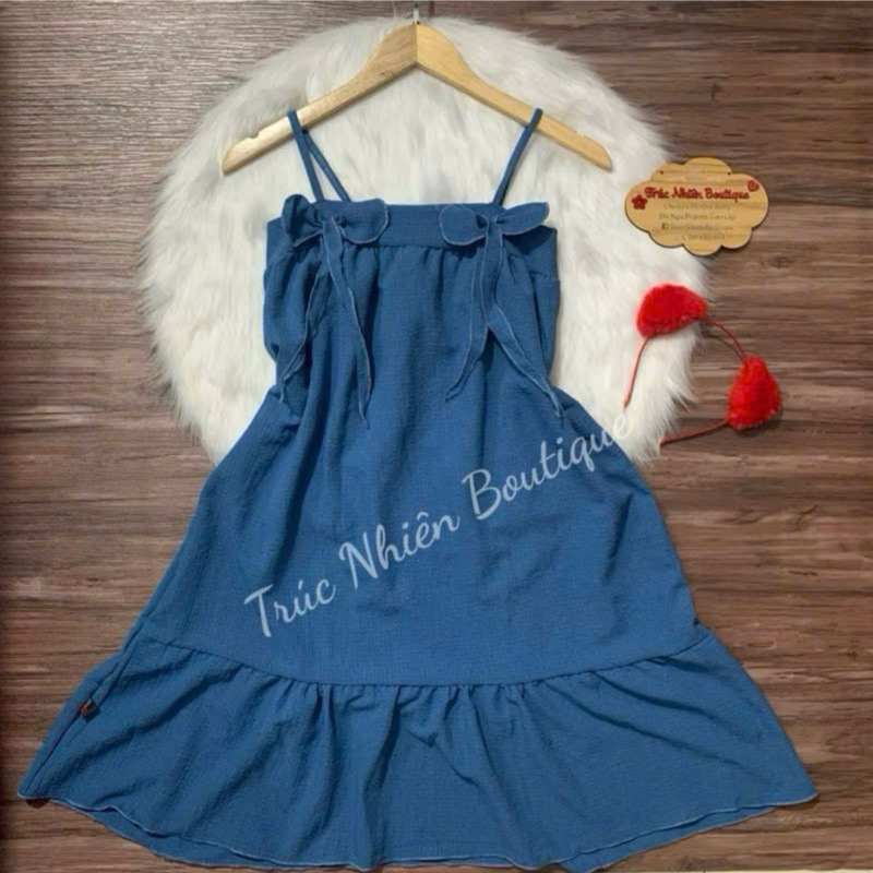Đầm váy ngủ 2 dây phối nơ mặc nhà mặc ngủ xinh vải xốp phom dưới 57kg - D03