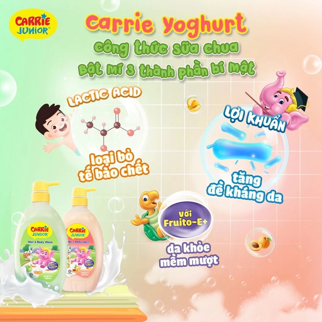 Combo 2 Sữa Tắm Gội thành phần thiên nhiên & sữa chua Sạch Dịu Nhẹ & ẩm mịn Cho Bé Carrie Junior Hương Melon 700g - live