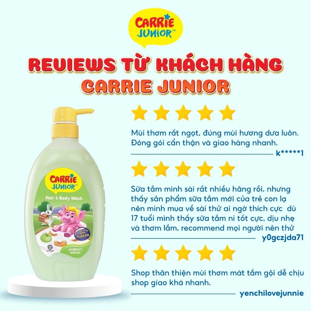 Combo 2 Sữa Tắm Gội thành phần thiên nhiên & sữa chua Sạch Dịu Nhẹ & ẩm mịn Cho Bé Carrie Junior Hương Melon 700g - live
