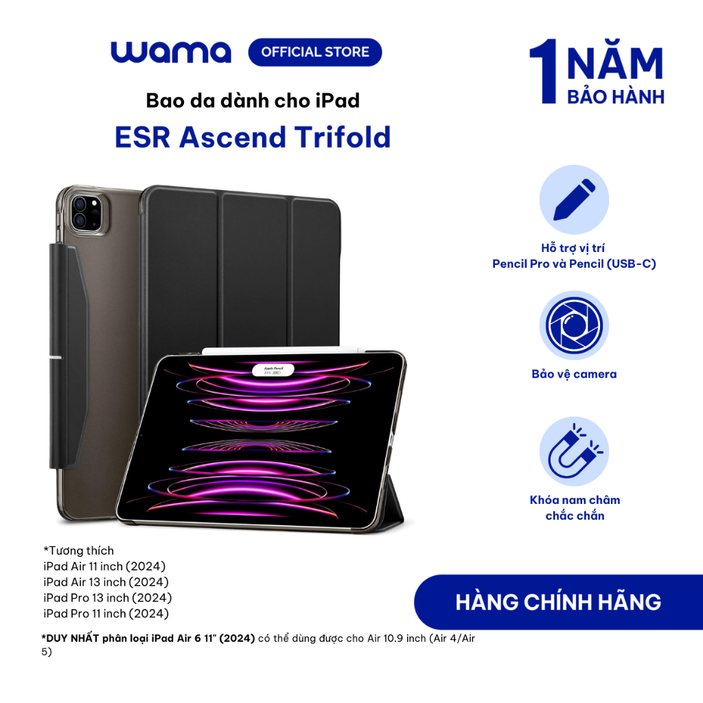 Bao da cho iPad Pro/Air 2024 ESR Ascend Trifold màu đen, 2 chế độ xem ...
