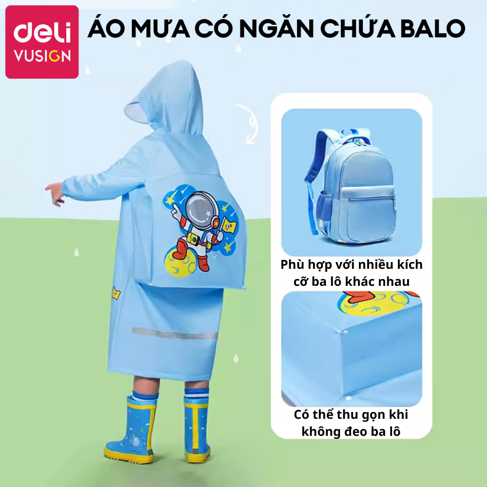 Áo Mưa Cho Bé Cao Cấp DELI Áo Mưa Trẻ Em Cute Có Phản Quang An Toàn, Có Ngăn Đeo Ba Lô Nhiều Màu Sắc