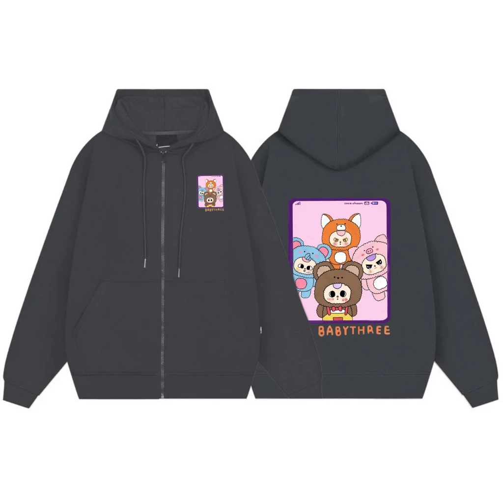 Áo Khoá Có Túi Bên Trong Trẻ Em Hình Labubu Baby Three Hot Trend, Nỉ Cotton Mềm Mại Cho Bé (M 14)
