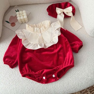 Body nhung đỏ tiểu thư kèm nón bé gái 5-12kg. Bộ đồ liền thân cho bé mặc tết, Noel. Dino Kids