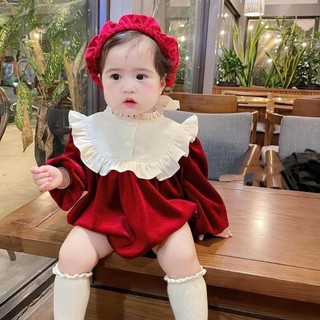 Body nhung đỏ tiểu thư kèm nón bé gái 5-12kg. Bộ đồ liền thân cho bé mặc tết, Noel. Dino Kids
