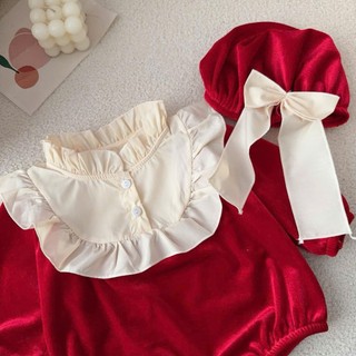 Body nhung đỏ tiểu thư kèm nón bé gái 5-12kg. Bộ đồ liền thân cho bé mặc tết, Noel. Dino Kids