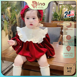Body nhung đỏ tiểu thư kèm nón bé gái 5-12kg. Bộ đồ liền thân cho bé mặc tết, Noel. Dino Kids