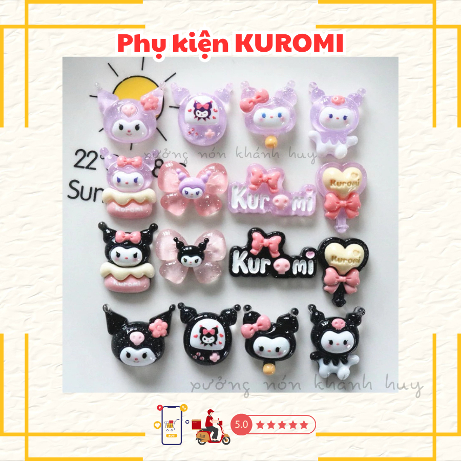 CHARM STICKER KUROMI nhựa cứng sẵn nút gắn nón bảo hiểm, trang trí sách ...