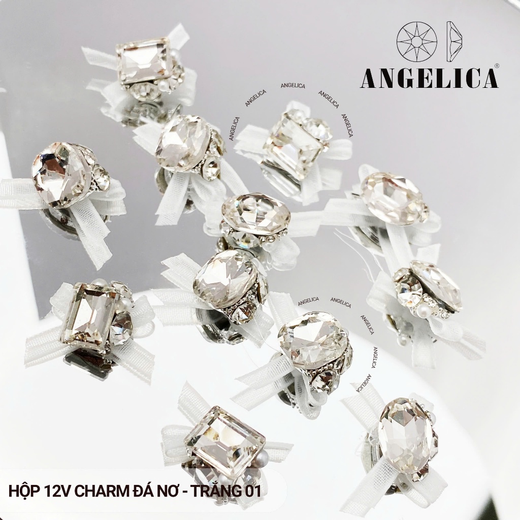 Set 10 - 12 Viên Charm Đá Nơ Đính Móng ( Kèm Hộp Đựng )  Siêu Sáng Siều Bền ANGELICA