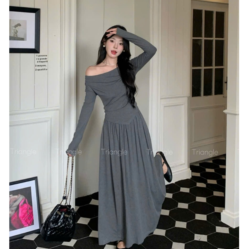 Triangle - Lazie Set Bộ thun thiết kế áo kiểu lệch vai + chân váy dài xòe chất thun dày dặn mềm mịn style Hàn Quốc
