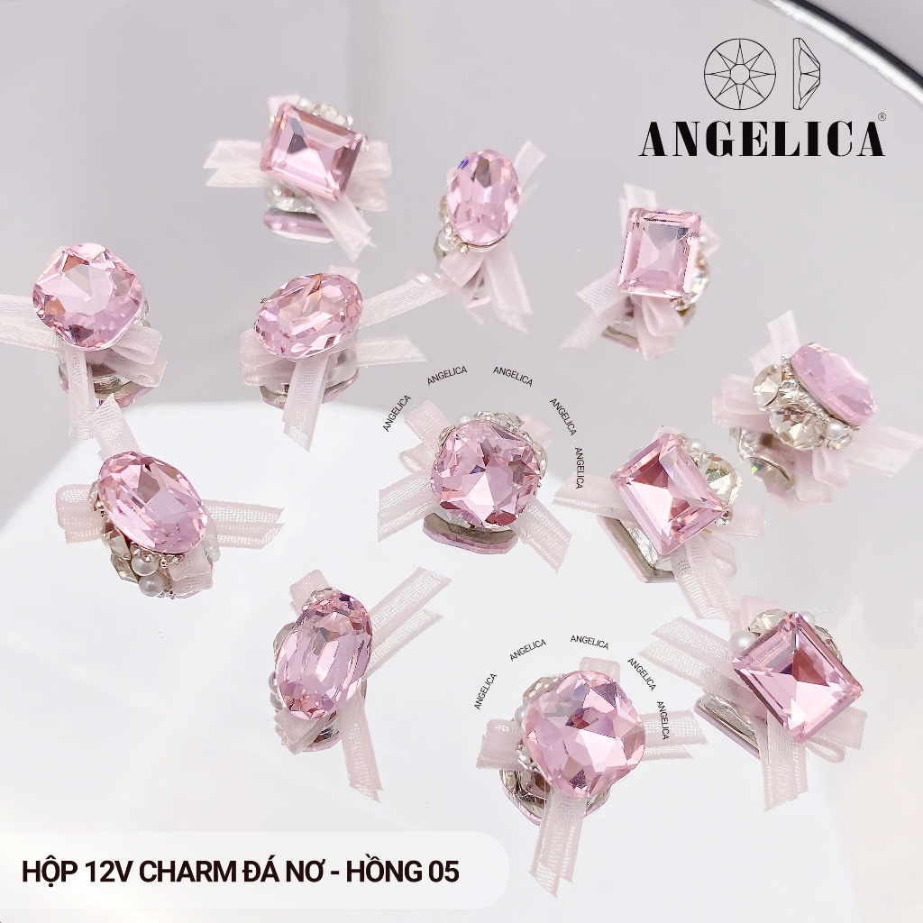 Set 10 - 12 Viên Charm Đá Nơ Đính Móng ( Kèm Hộp Đựng )  Siêu Sáng Siều Bền ANGELICA