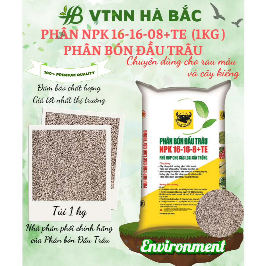 Phân Bón Đầu Trâu NPK 16-16-8+TE Túi 1KG (bán lẻ) - Nảy Chồi, Ra Hoa, Tăng Trưởng Mạnh - Phân Bón Dành Cho Cây Trồng