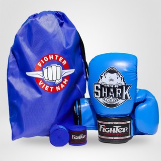 Combo - Găng Boxing Fighter Shark Cao Cấp + Băng đa Fighter + Túi rút 36cm x 48cm, Combo tập luyện
