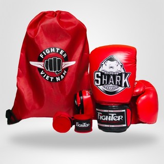 Combo - Găng Boxing Fighter Shark Cao Cấp + Băng đa Fighter + Túi rút 36cm x 48cm, Combo tập luyện