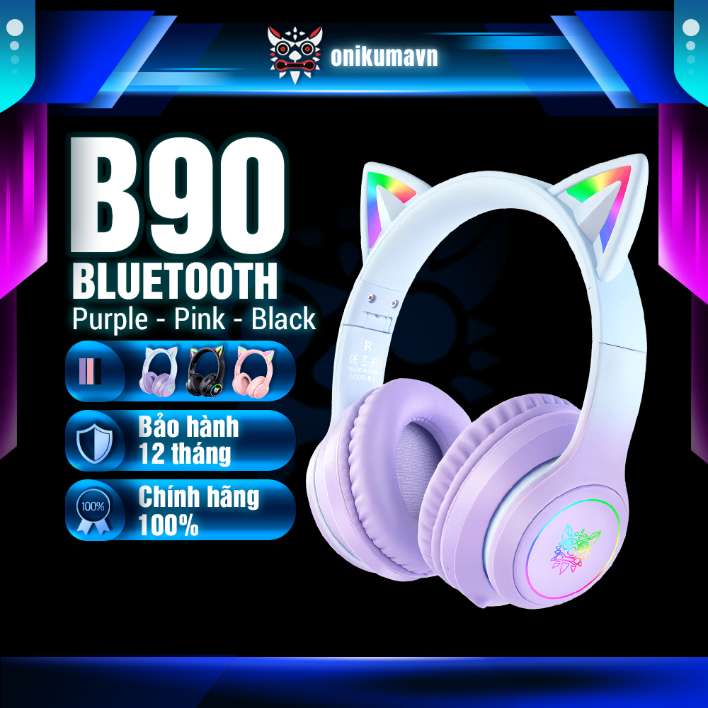 Tai Nghe Gaming Tai Mèo ONIKUMA B90 Bluetooth, Giảm Tiếng Ồn, Đèn RGB