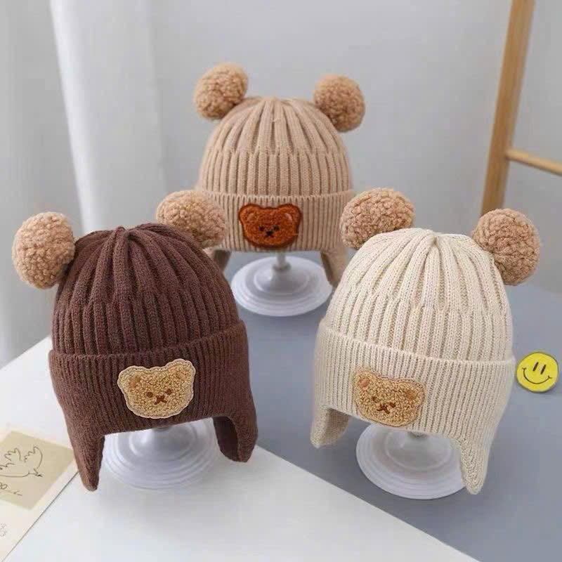 Mũ nón len bịt tai Gâu Mimo - Nón dệt kim mùa đông cho bé đính hình gấu tai bông dễ thương