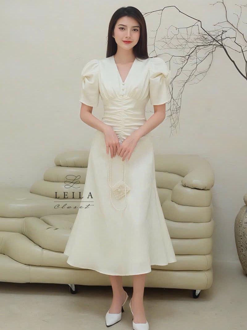 Ảnh LEILA CLOSET | Đầm thiết kế Lilia tay xoắn cách điệu, cổ tim, dún eo che khuyết điểm, đuôi cá dài 2