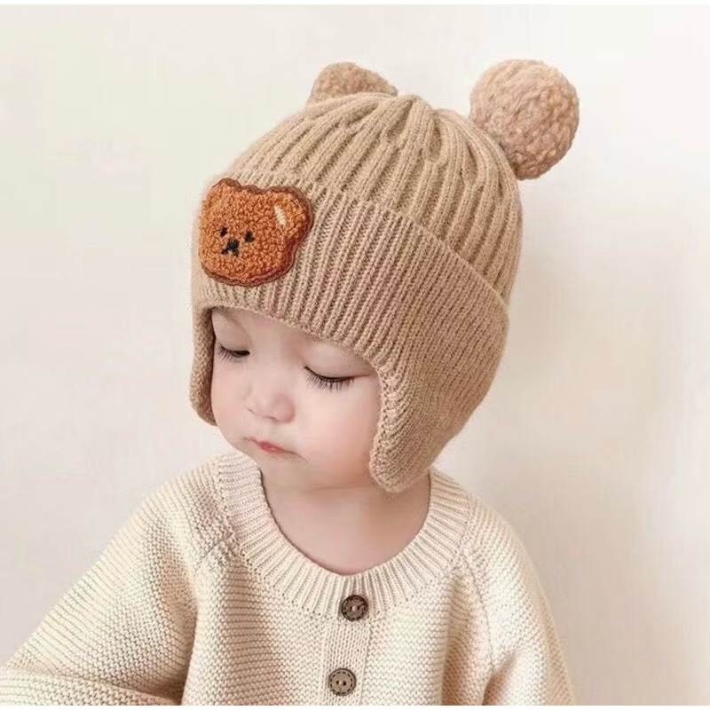 Mũ nón len bịt tai Gâu Mimo - Nón dệt kim mùa đông cho bé đính hình gấu tai bông dễ thương
