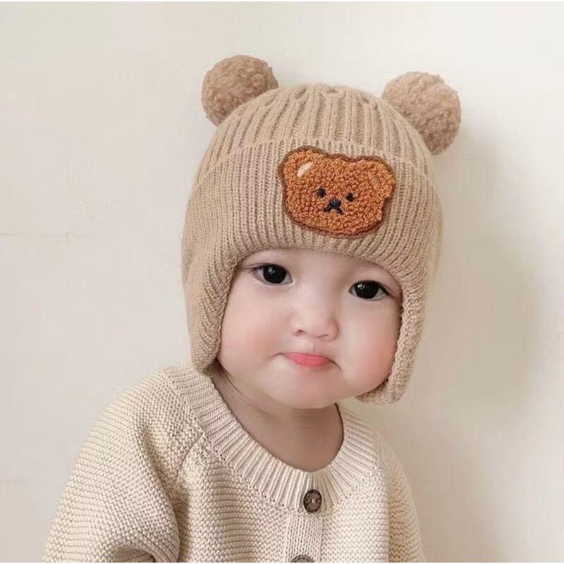 Mũ nón len bịt tai Gâu Mimo - Nón dệt kim mùa đông cho bé đính hình gấu tai bông dễ thương