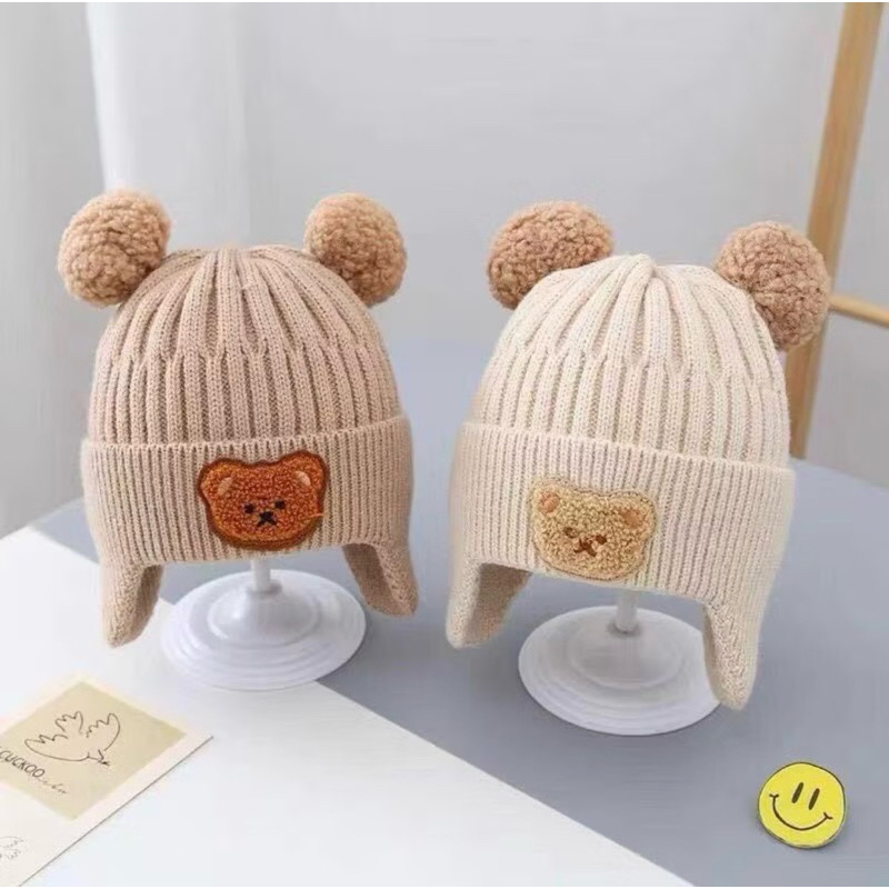 Mũ nón len bịt tai Gâu Mimo - Nón dệt kim mùa đông cho bé đính hình gấu tai bông dễ thương