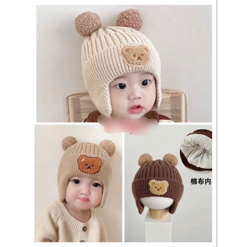 Mũ nón len bịt tai Gâu Mimo - Nón dệt kim mùa đông cho bé đính hình gấu tai bông dễ thương