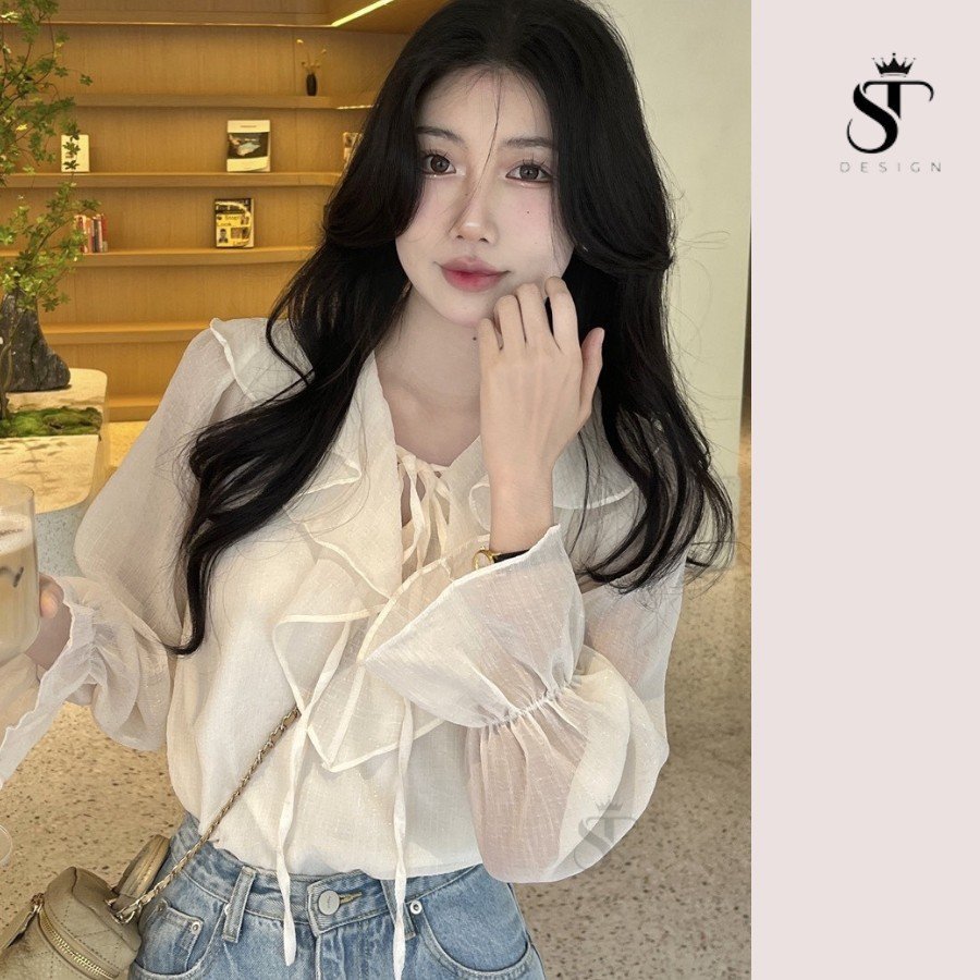 Áo sơ mi dài tay hàng thiết kế chất tơ mềm tay phồng cổ viền tiểu thư ST Design-05