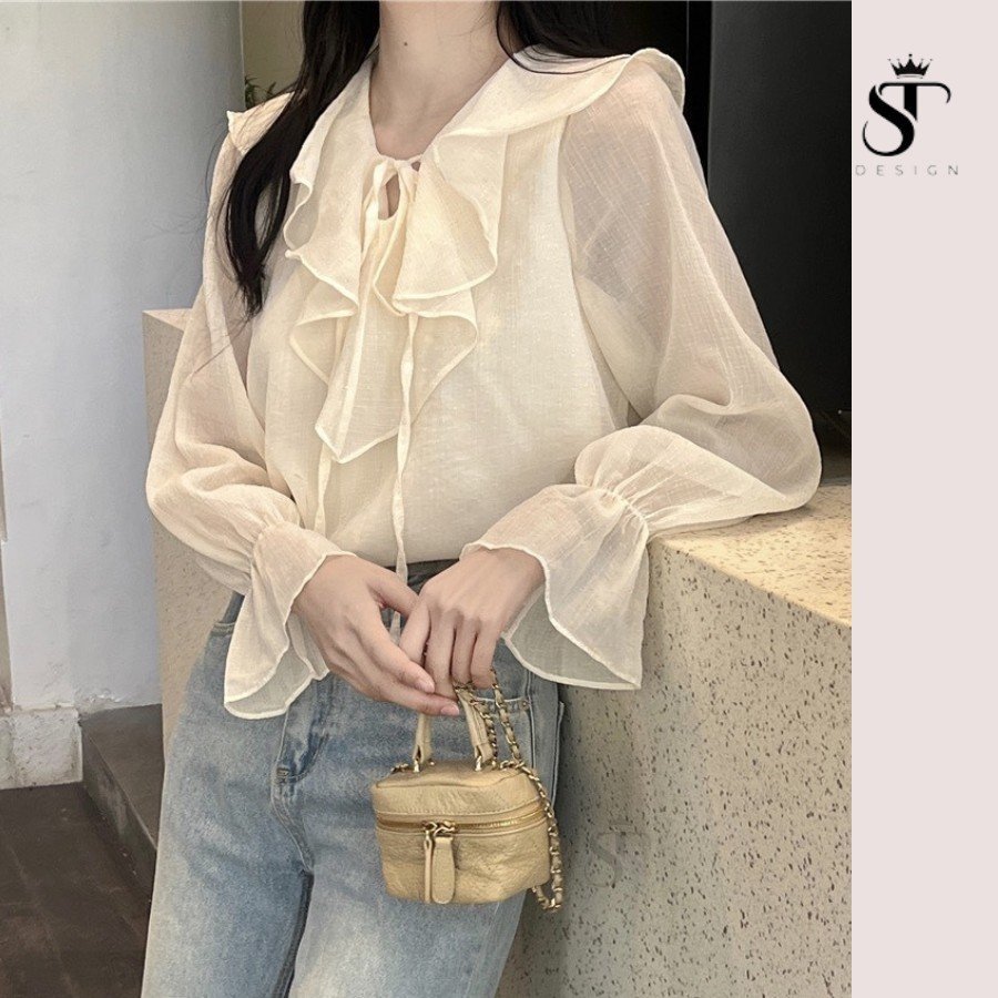 Áo sơ mi dài tay hàng thiết kế chất tơ mềm tay phồng cổ viền tiểu thư ST Design-05