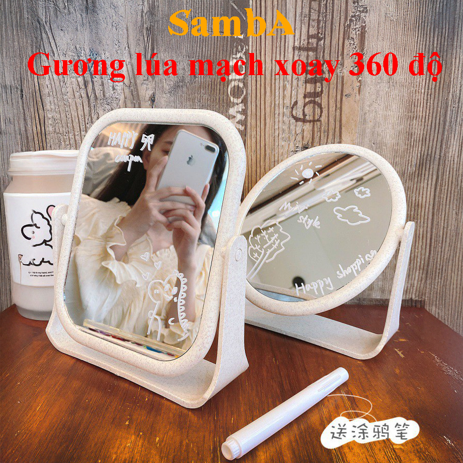 Gương để bàn lúa mạch có 2 mặt xoay 360 độ trang trí decor phòng đẹp - Samba