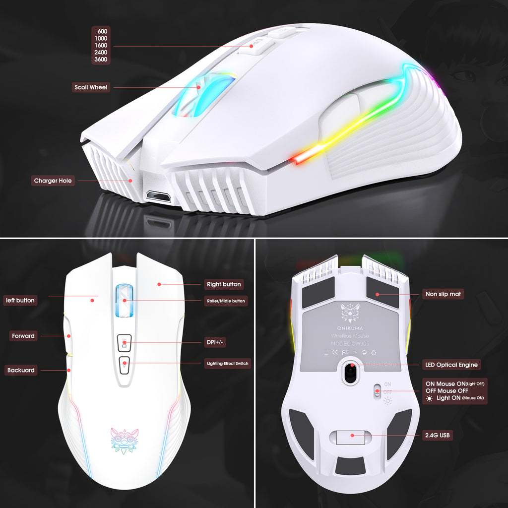 Chuột Gaming Không Dây ONIKUMA CW905 - 3600 DPI,  Led RGB
