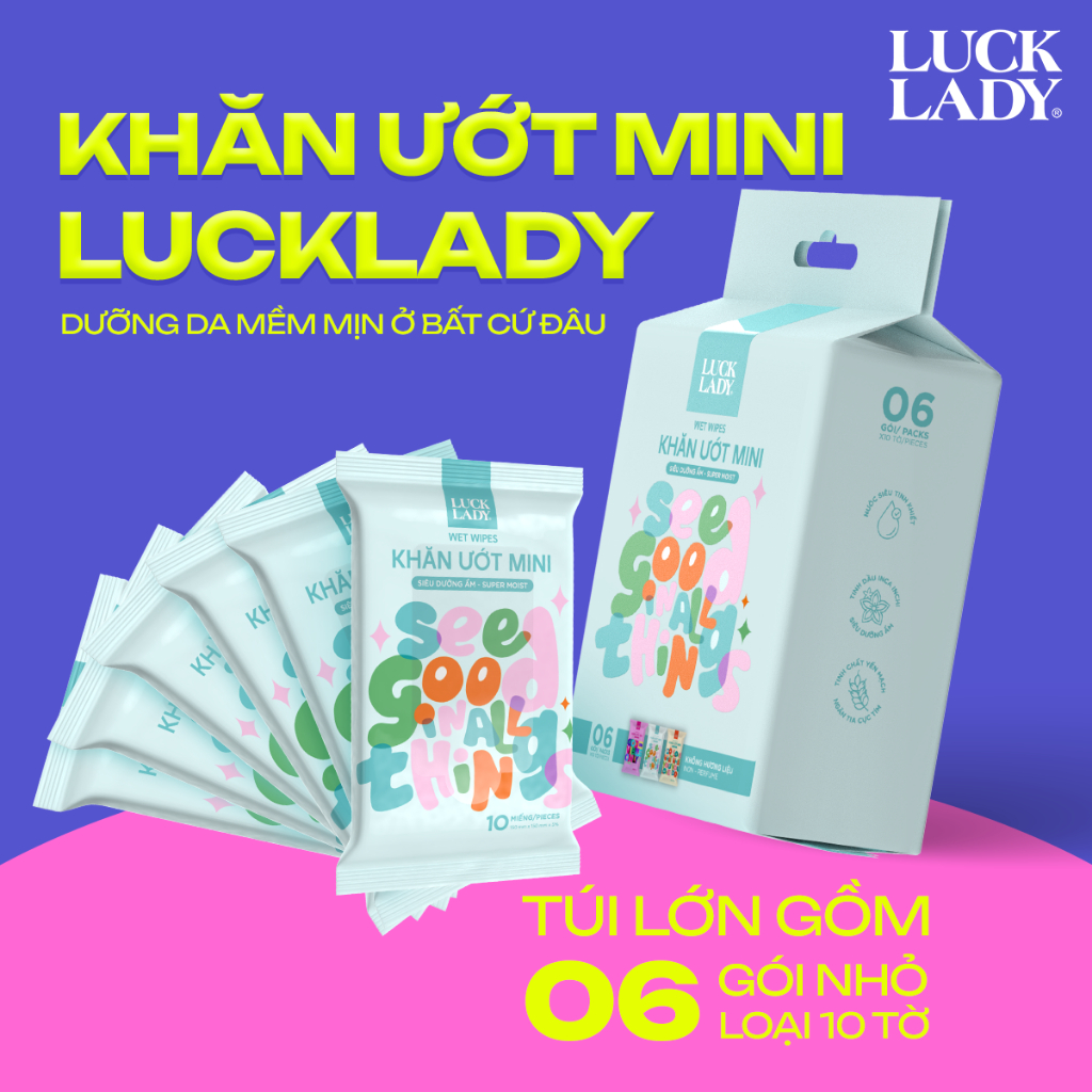 Khăn ướt mini cao cấp Luck Lady, khăn ướt bỏ túi nhỏ gọn tiện lợi, 10 tờ/gói