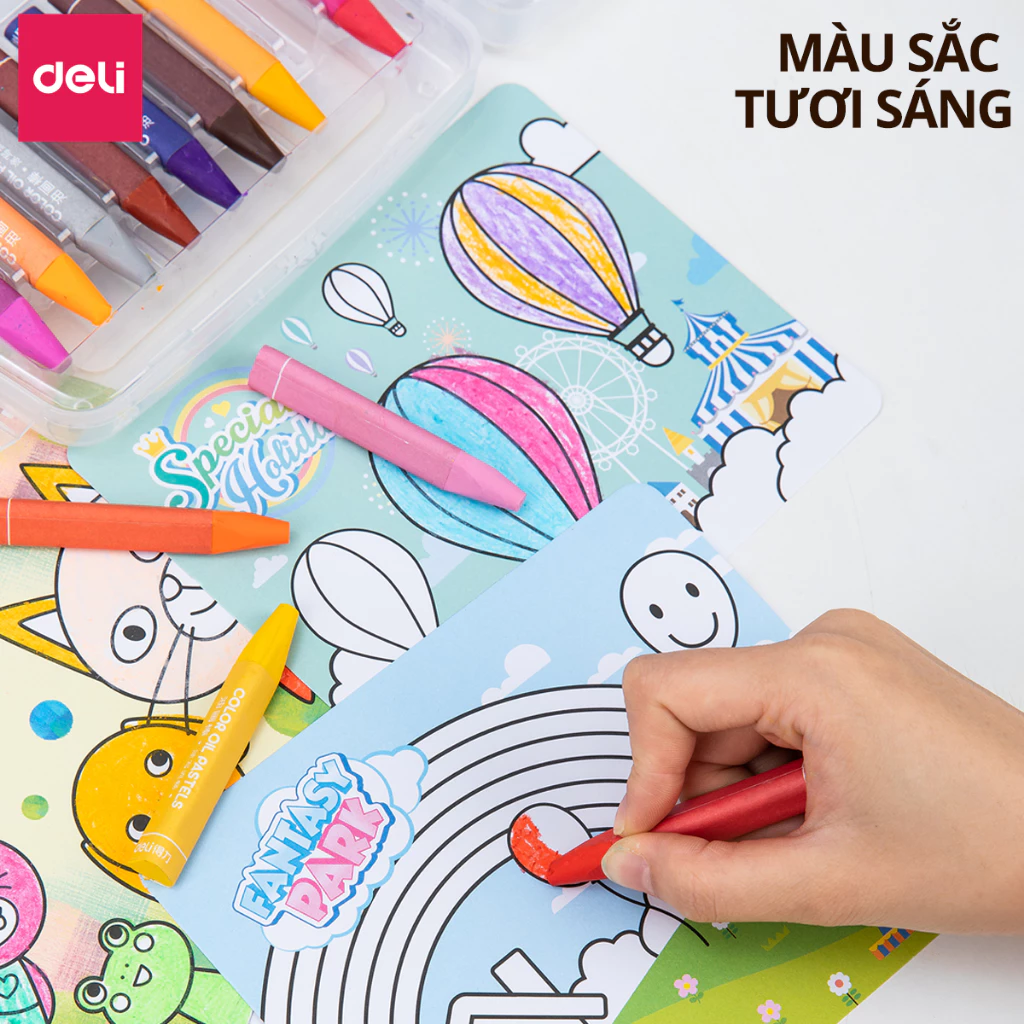 Bút Màu Sáp Dầu Deli - Bút Sáp Hộp Nhựa 12/24/36 Màu Tươi Sáng Mềm Mịn - Thân Bút Màu Hình Tam Giác