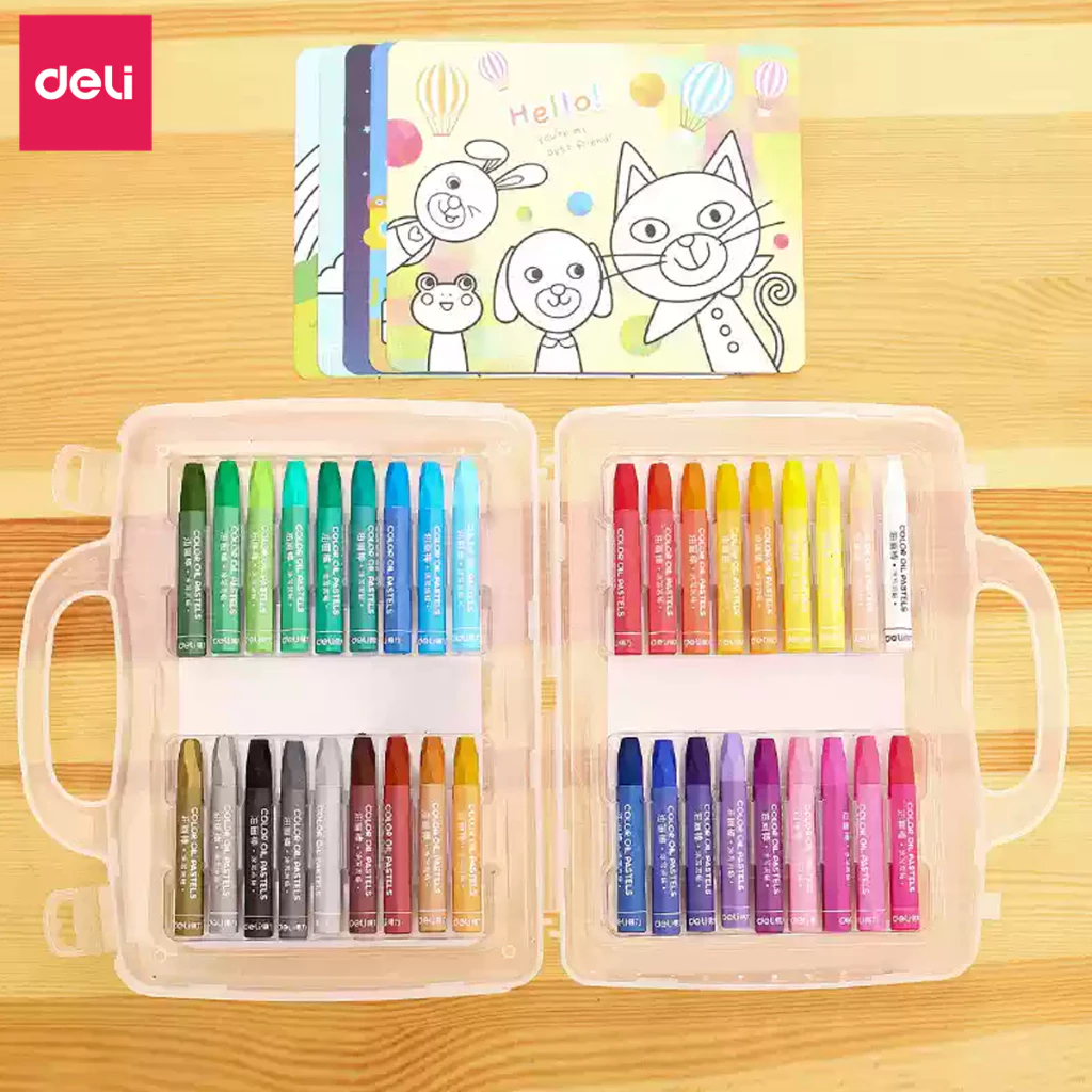 Bút Màu Sáp Dầu Deli - Bút Sáp Hộp Nhựa 12/24/36 Màu Tươi Sáng Mềm Mịn - Thân Bút Màu Hình Tam Giác