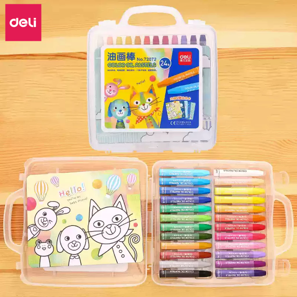 Bút Màu Sáp Dầu Deli - Bút Sáp Hộp Nhựa 12/24/36 Màu Tươi Sáng Mềm Mịn - Thân Bút Màu Hình Tam Giác